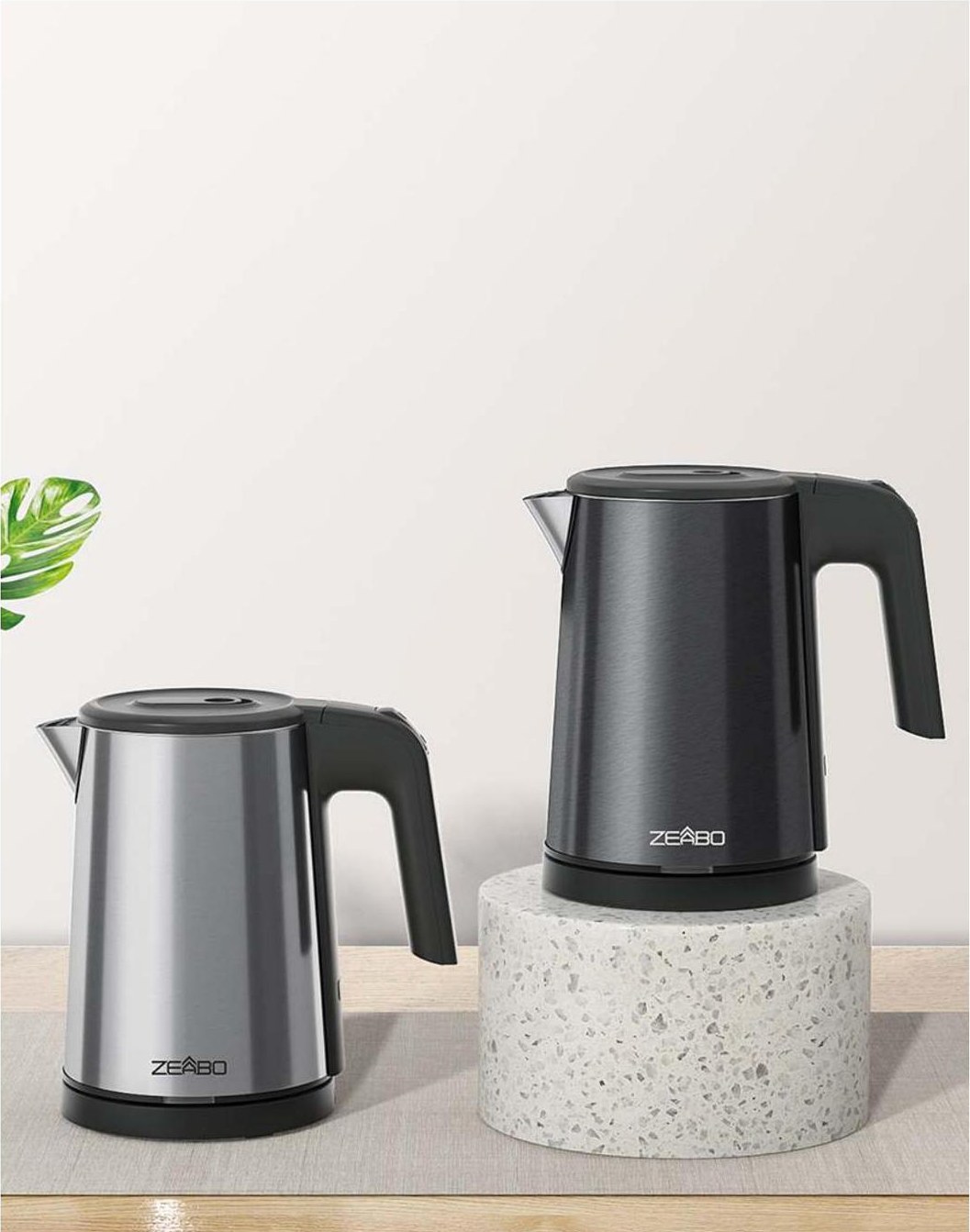 Hotel kettles in matte black and brushed stainless