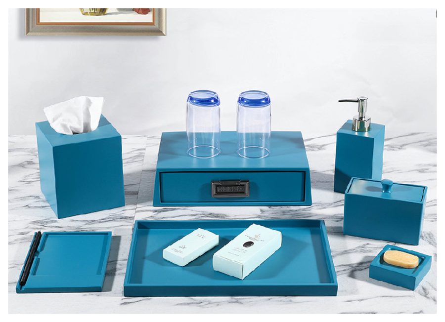 Resin bathroom accessory set with soap dish and dispenser